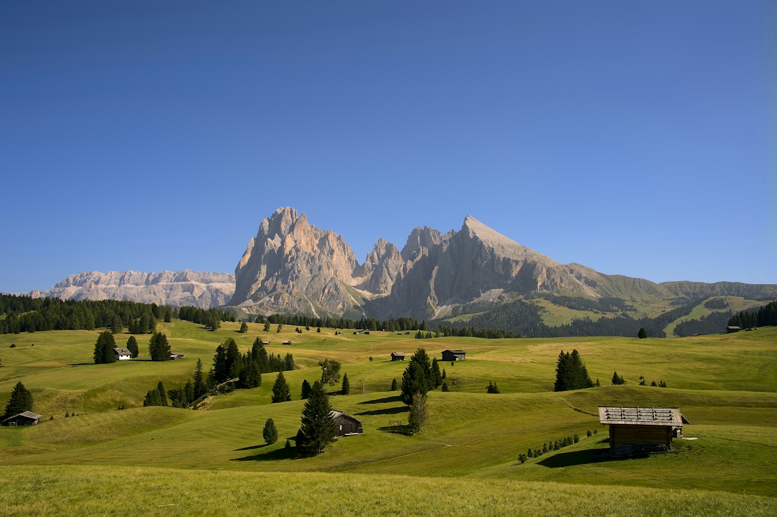 Il Sassolungo sopra i prati, sotto un cielo azzurro